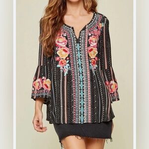 Savanna Jane Black Peasant Blouse with Colorful Embroidery and 3/4 Bell Sleeves